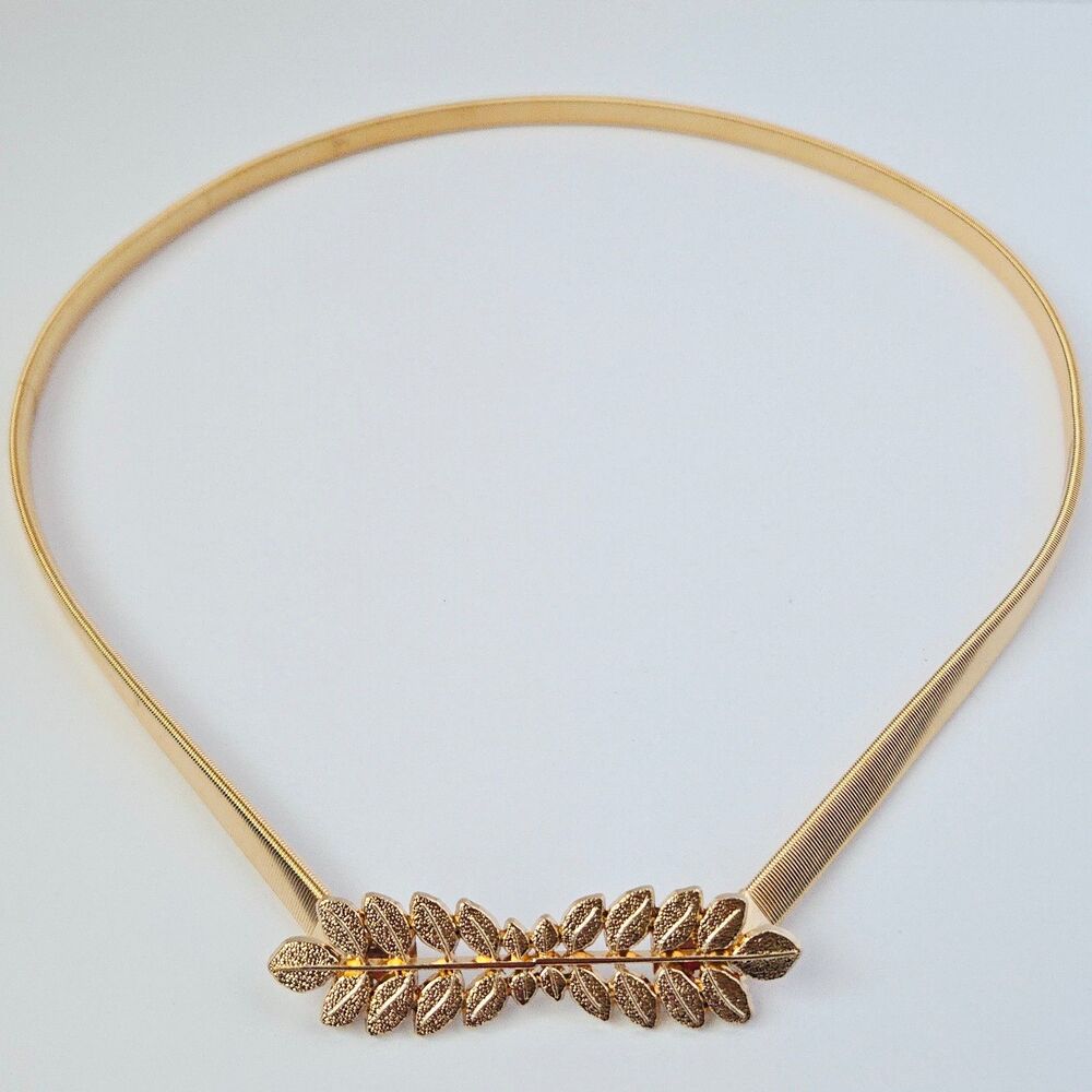 Vintage Womens Coil Belt One Size Gold Tone Stretch Metal Thin Leaf Buckle Boho
